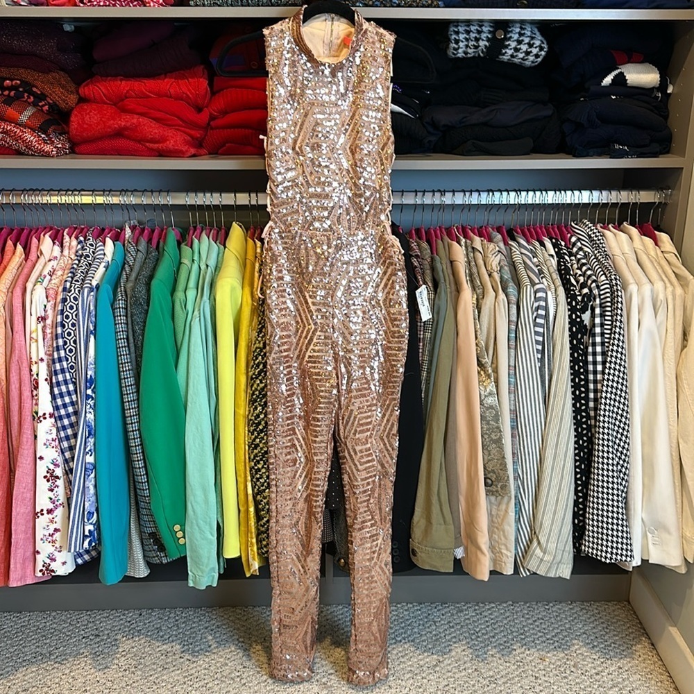 XTaren peach sequin sleeveless mock neck jumpsuit size S NWT